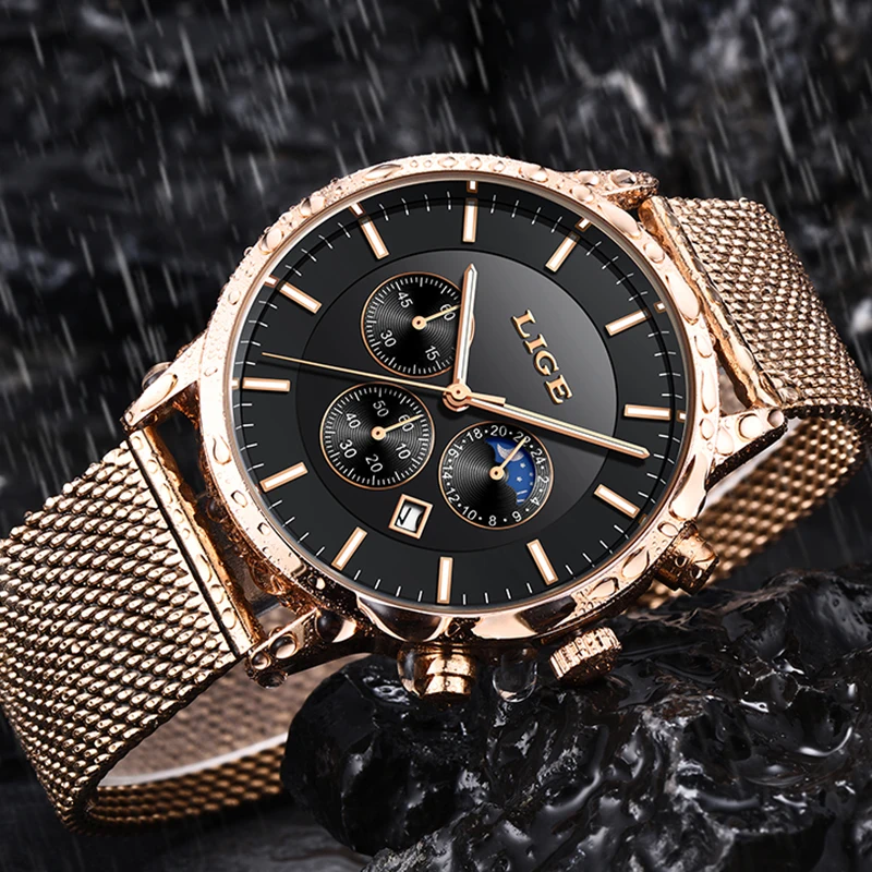 Часы наручные LIGE Мужские кварцевые брендовые Роскошные спортивные