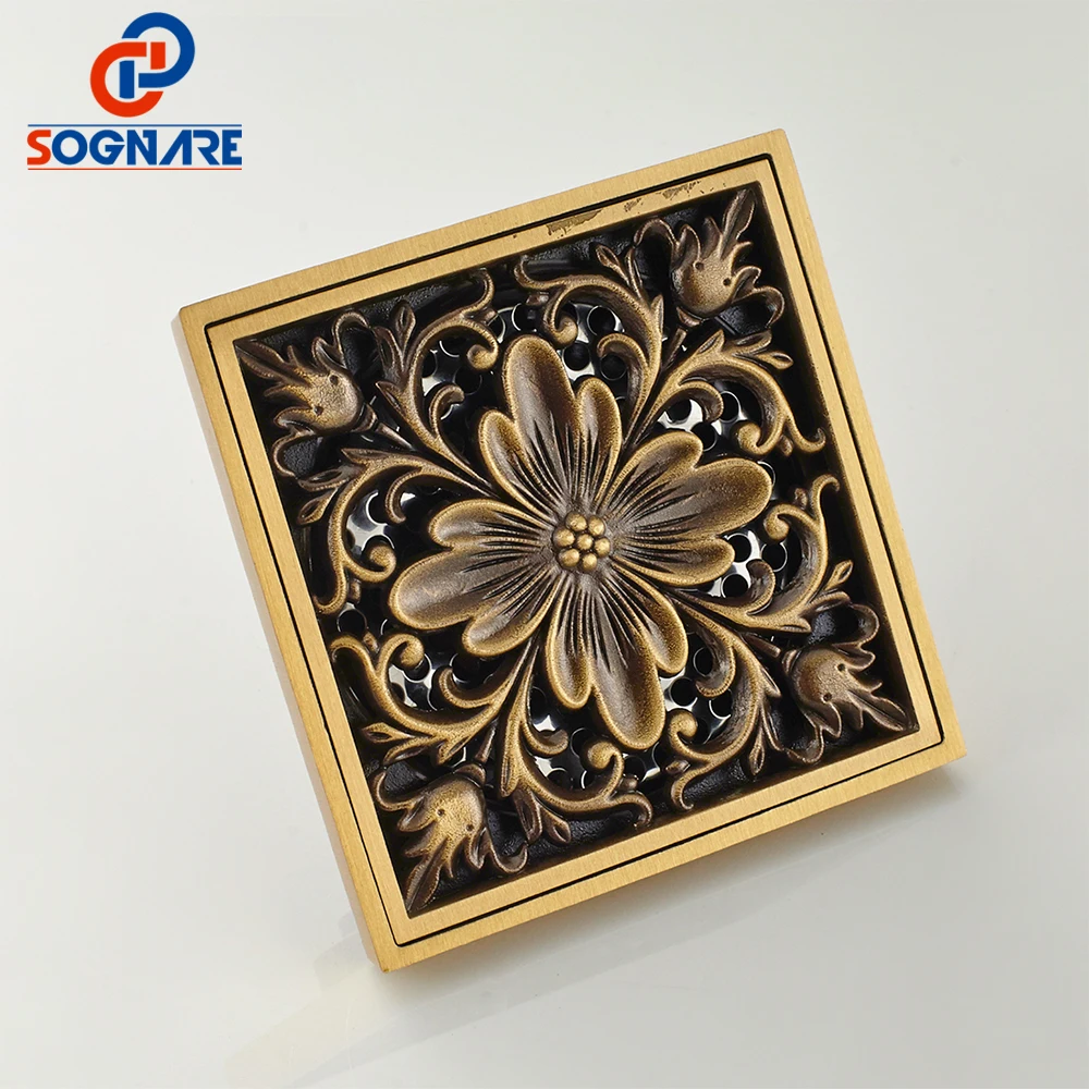 SOGNARE 10*10 см античная латунная резная крышка квадратная душевая напольная