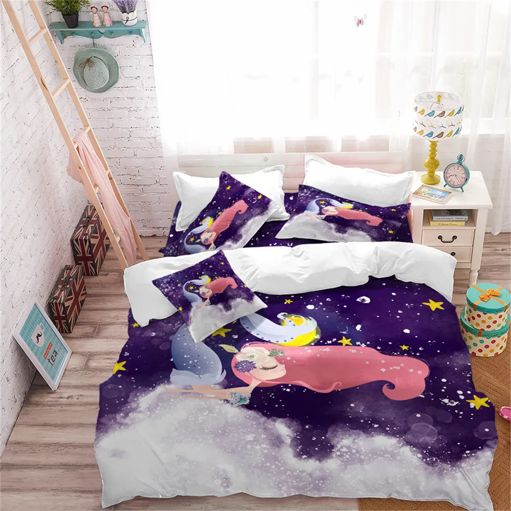 Cartoon Mermaid Bedding Set Girls Sweet Duvet Cover Purple Blue Wave Print Bed Festival Gift Bedclothes Home Decor D49 | Дом и сад