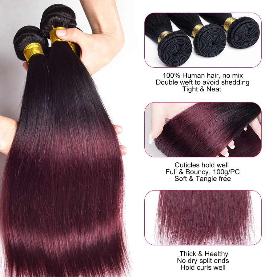 Wonder girl Ombre прямые волосы пряди 1B 99J/бордовый двухцветные бразильские волнистые не