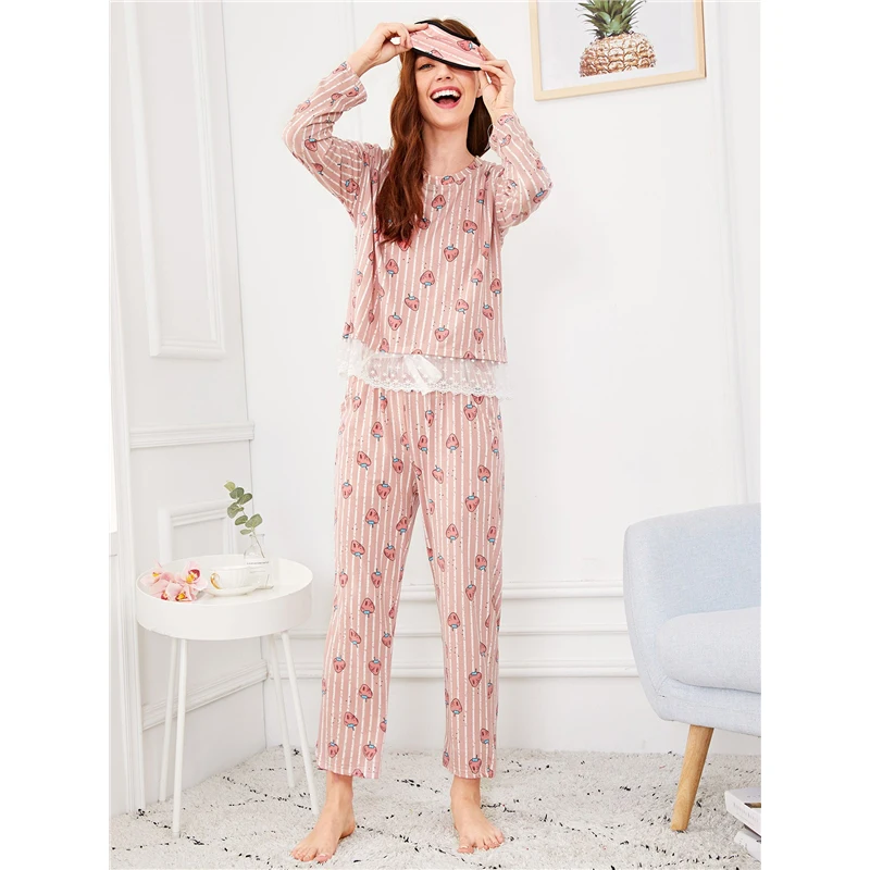 Dotfashion розовый пижамный комплект с принтом клубники и кружевной отделкой с маской для глаз, пижамы для женщин, осенняя одежда для сна, Ночная одежда с длинным рукавом