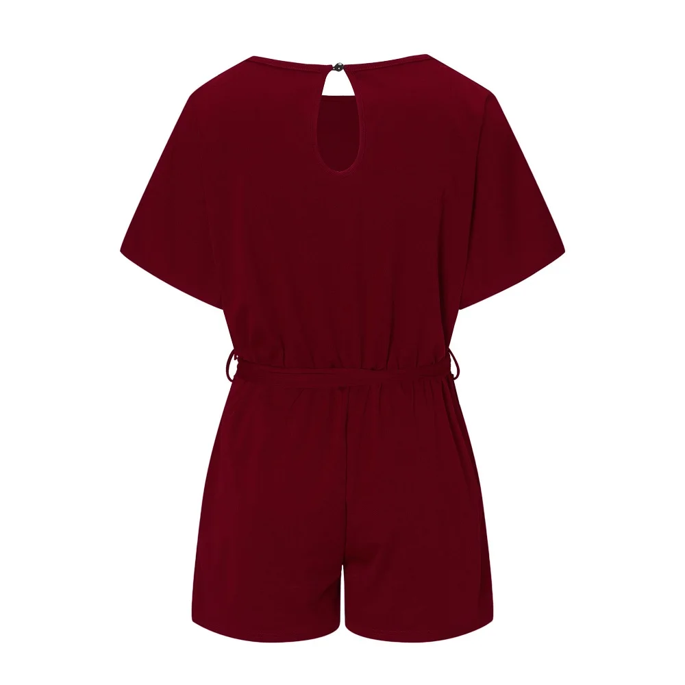 ELSVIOS Casual Playsuit Summer O-neck Short Sleeve Office Lady Romper Fashion Women Sashes Elegant Overalls Solid Beach Jumpsuit | Женская
