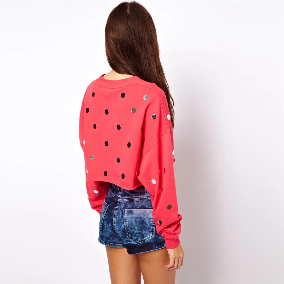 Europe Street leisure sport long sleeve crew neck short paragraph navel sequins sweater blouse SWY02 | Женская одежда