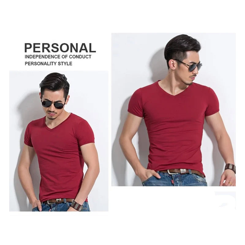 Футболка мужская с V образным вырезом однотонная хлопковая рубашка в стиле хип
