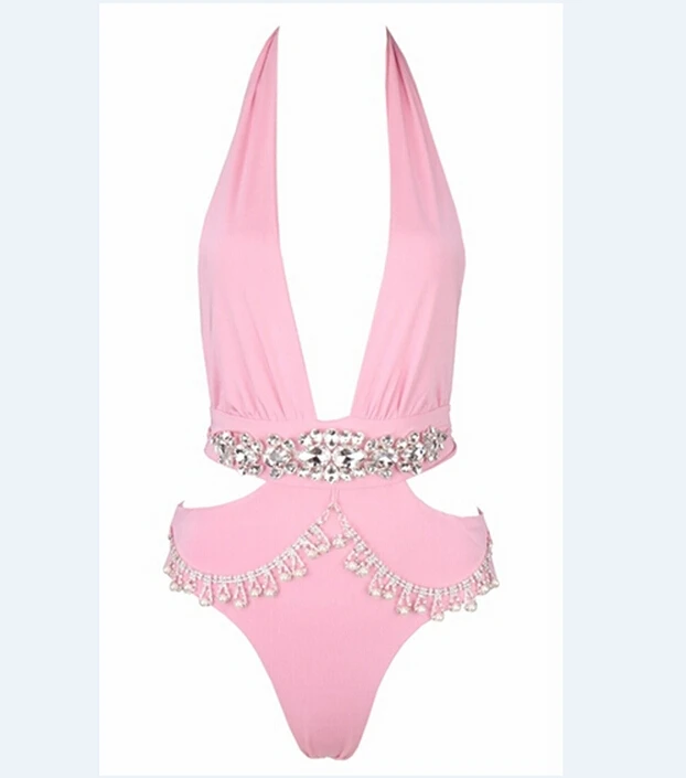 Черный сексуальный женский купальник бикини с кристаллами бандажный V образным