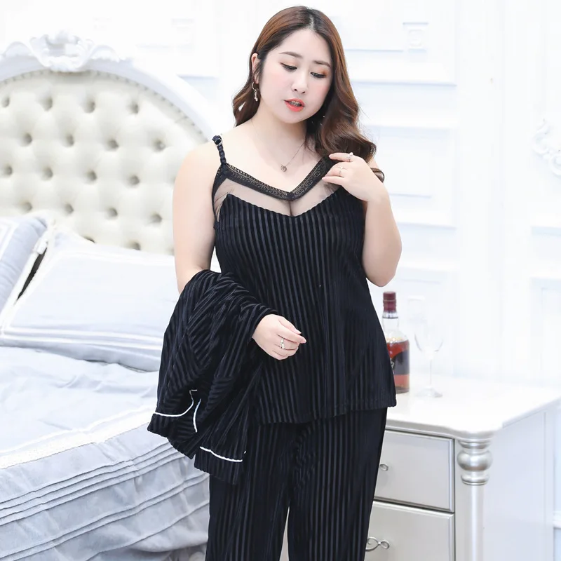 Новинка, черный комплект из 3 предметов, Cami& Pants& Shirt, домашняя одежда, осенняя Женская одежда для сна, комплект, сексуальный сетчатый жилет с воротником в виде цветка, Пижамный костюм размера плюс XXXL