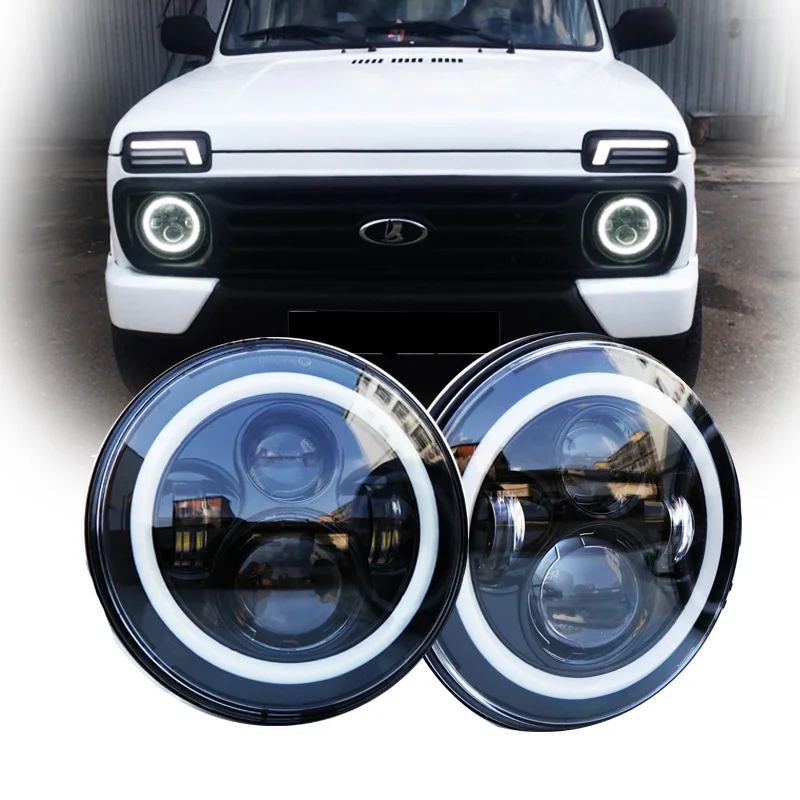 7 дюймов 40 Вт H4 светодиодные фары с ангельскими глазами Halo для Lada 4x4 Urban Niva Land Rover