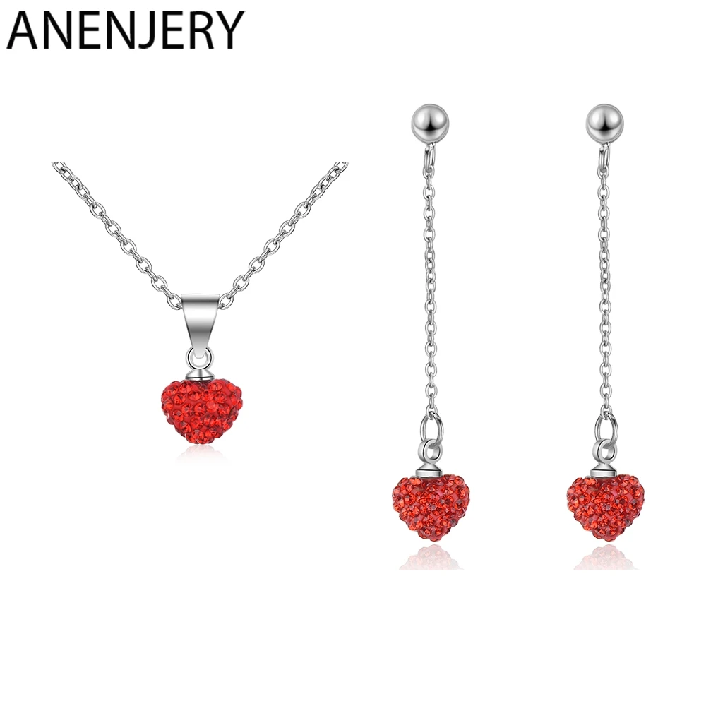 ANENJERY 925 Sterling Silver Jewelry Sets Full Crystal Red Heart Necklace+Earrings For Women Girl Gift