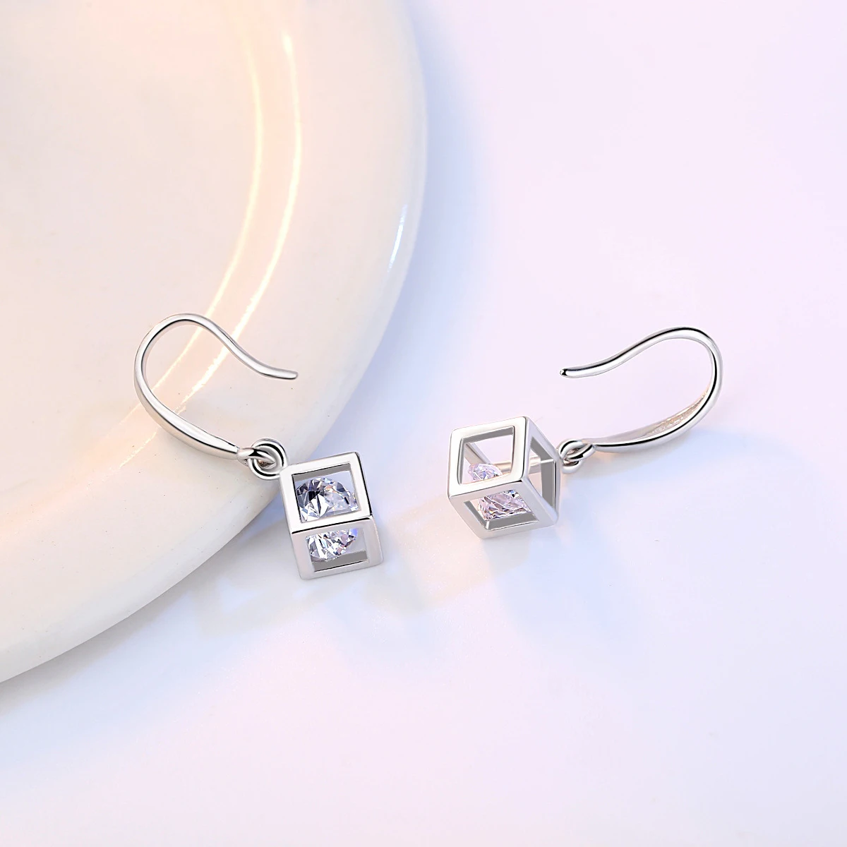 ANENJERY Love Window Zircon Squre Cube Earrings For Women 925 Sterling Silver Ear Jewelry Gift S-E904