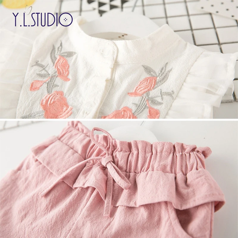 Летние костюмы для девочек Y.L.STUDIO топы и шорты с цветочной вышивкой без рукавов