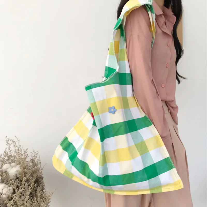 Хлопчатобумажная Холщовая Сумка в клетку для девушек и женщин плиссированная