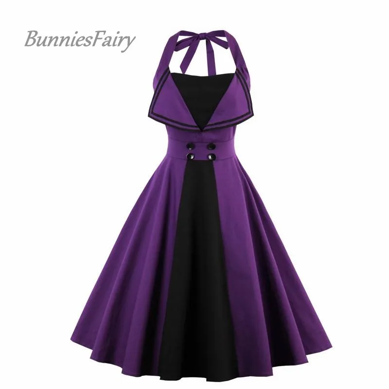 2018 Новое поступление Винтажный стиль Холтер шеи Лоскутная Кнопка качели платья