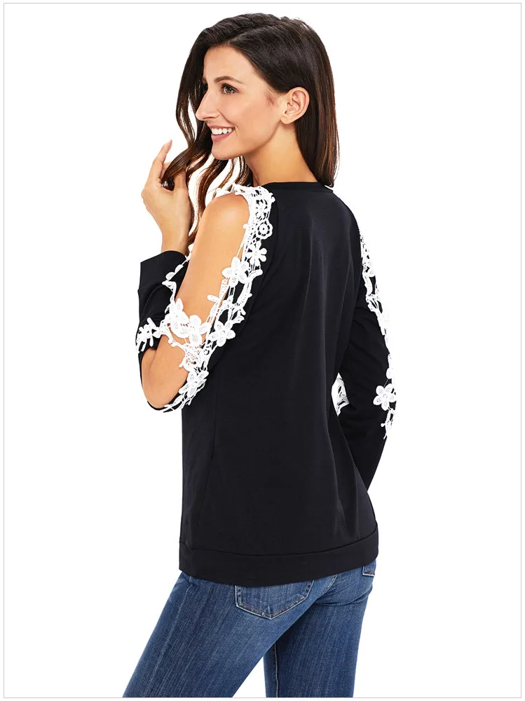 

NEW CHEAP Fashion Shirt Ladies 7 Colors 2018 Women Shirts Top Long Sleeve F2957 Lace Trim Cold Shoulder