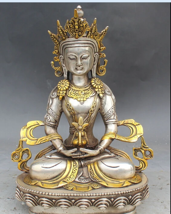 

decoration bronze factory outlets Tibet Silver 12" Tibet Buddhism Silver Gilt Amitayus longevity God Goddess Buddha Statue