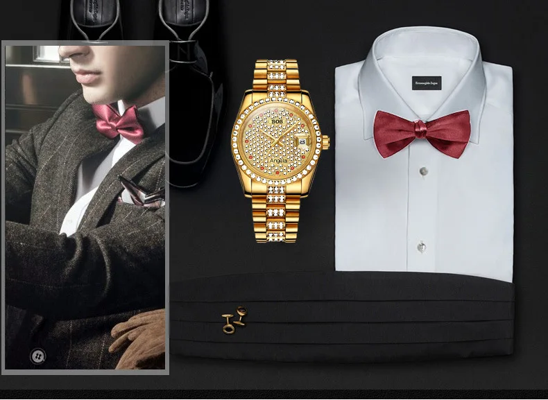 Montre Homme мужские новые модные автоматические механические часы календарь тонкая сталь водонепроницаемые золотые часы Полный горный хрусталь Zegarki Meskie