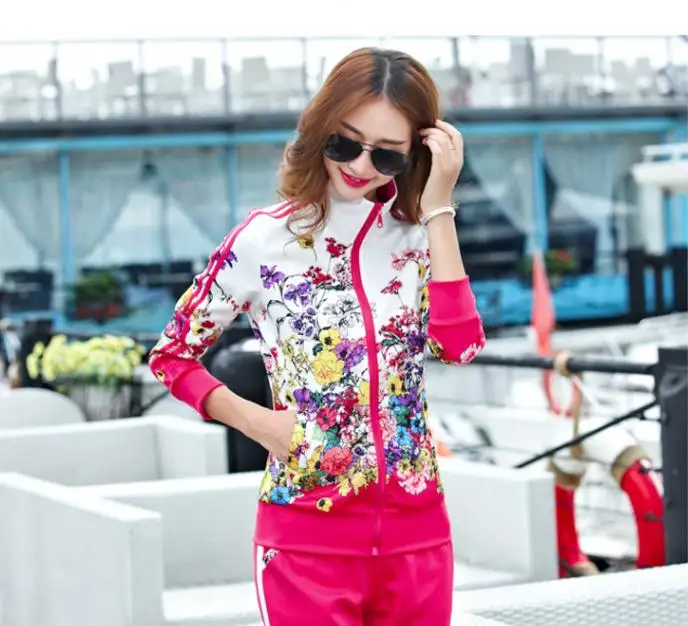rose Red Спортивный костюм из двух предметов, Женский Топ с длинным рукавом и длинные штаны, Осенний Модный женский комплект с цветочным принтом, спортивная одежда размера плюс 6XL - Цвет: rose Red