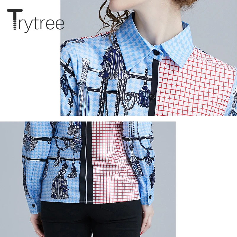 Ttytree/Осенняя ассиметричная клетчатая блузка Повседневная рубашка женские