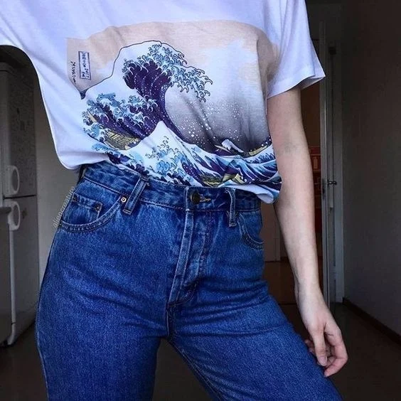 Kuakuayu HJN летняя унисекс Tumblr Мода Hokusai японская живопись под волной канагава белая футболка