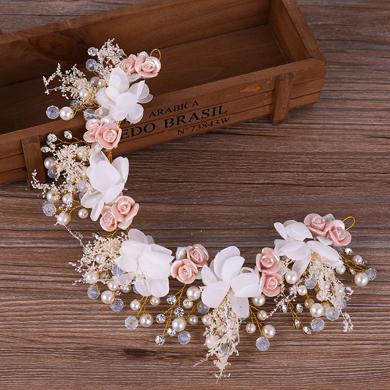 

Gold Flower Tiara Headbands Pearl Crystal Bridal Hair Accessories For Women Wedding Hairbands Handmade Headpiece Hair Ornaments