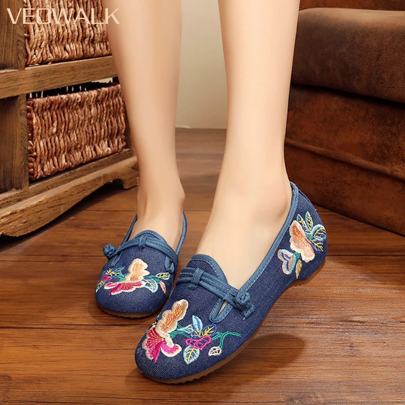 Veowalk Flower Embroidered Women Canvas Ballet Flats Ladies Slip on Comfortable Denim Cotton Shoes No-skid Bottom Ballerine | Обувь