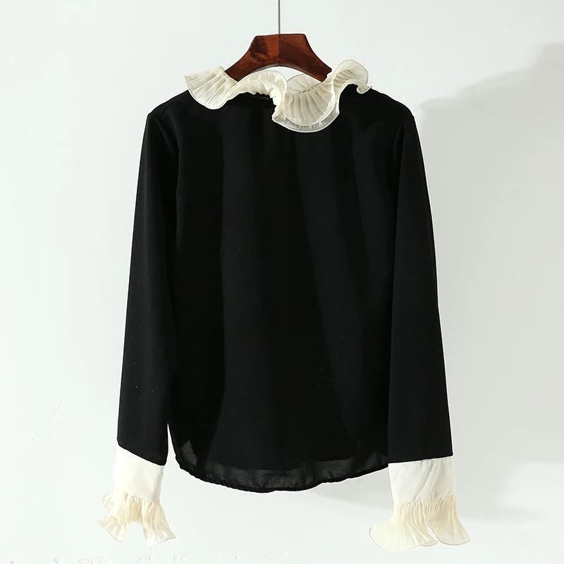 Новинка весны дамы ретро шифон трепал воротник регулярные Ассорти Цвета блузка