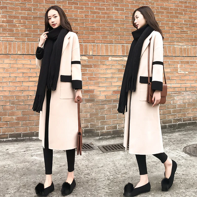 

Autumn and winter women's new England wind loose thin coat coat fashion long single-breasted two-color stitching wool windbreake
