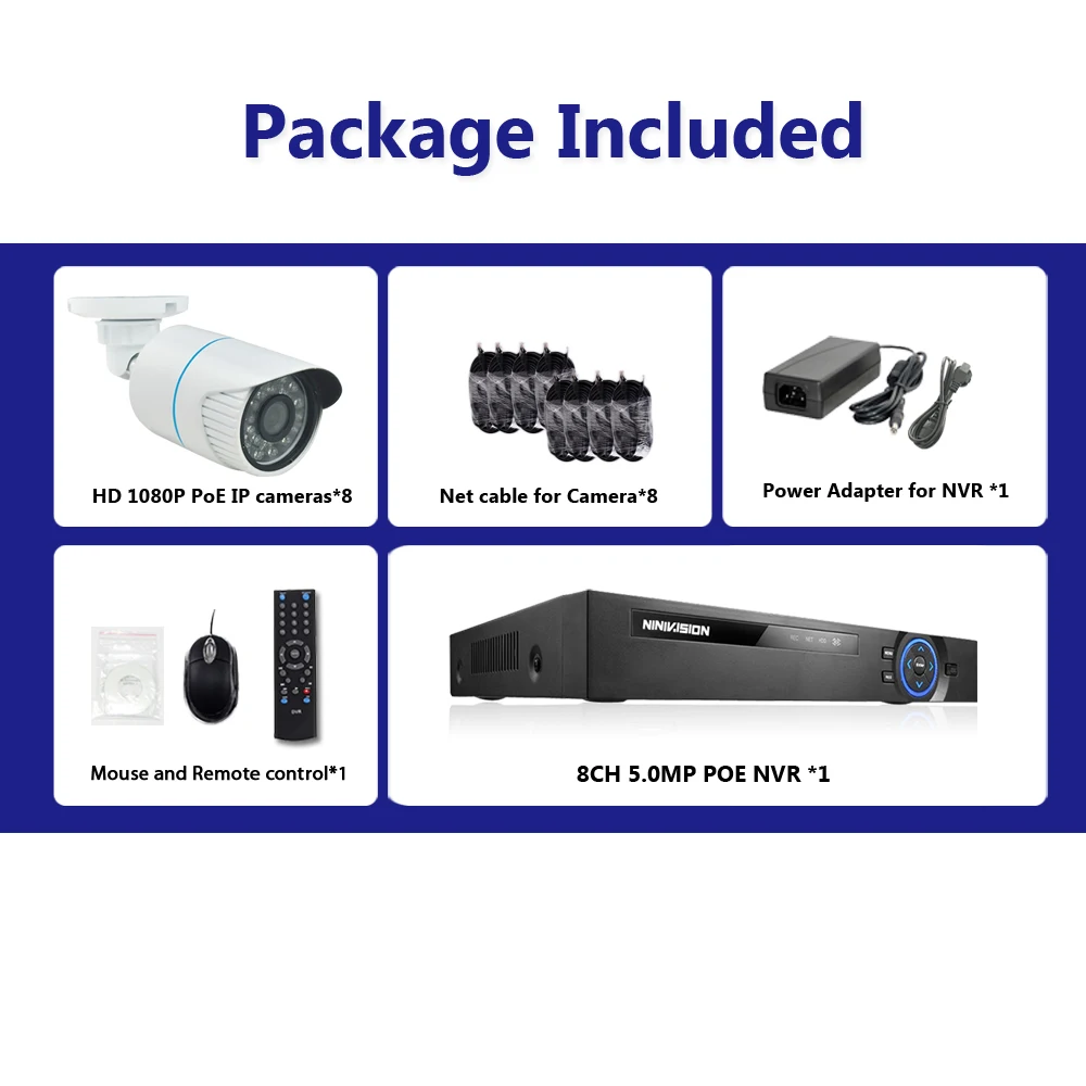 NINIVISION 8CH 5MP 1080P HDMI POE NVR комплект CCTV система безопасности 2MP IR наружная аудио запись