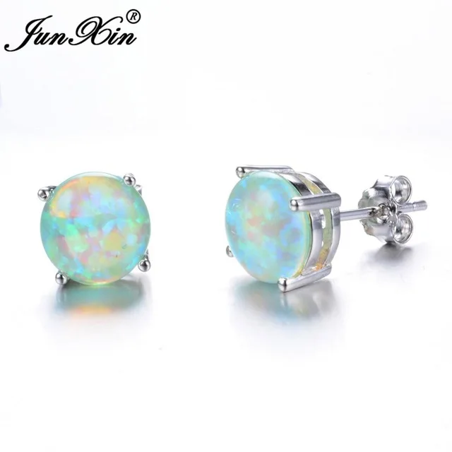 Green Stud Earrings JUNXIN милые розовые/фиолетовые/синие огненные опаловые серьги-гвоздики для женщин, 925 пробы, заполненные серебром, радужные круглые серьги с камнем по месяцу рождения, подарок - Окраска металла: Green Stud Earrings