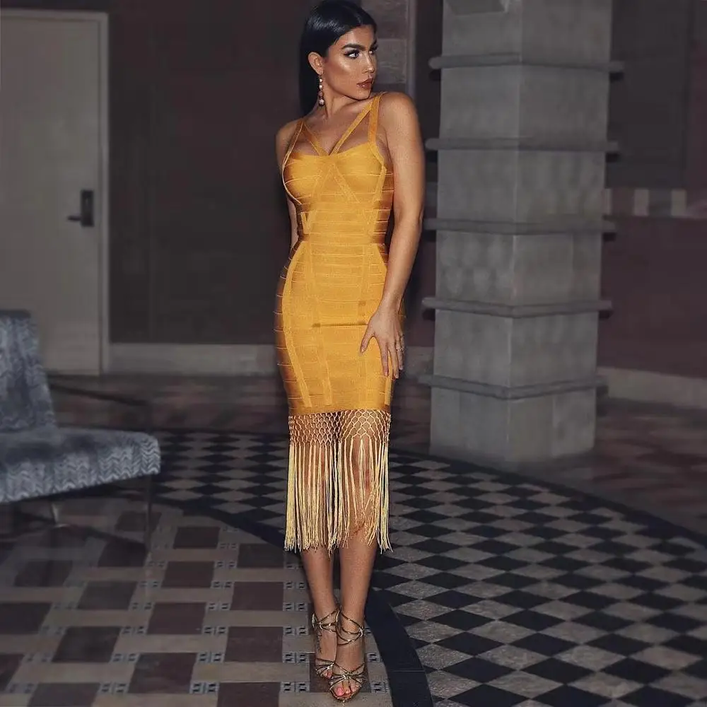 

New Gold Color Ladies HL Bandage Dress Sleeveless Sexy Bodycon Knee Length Dress Tassel Fashion Party Evening Dress