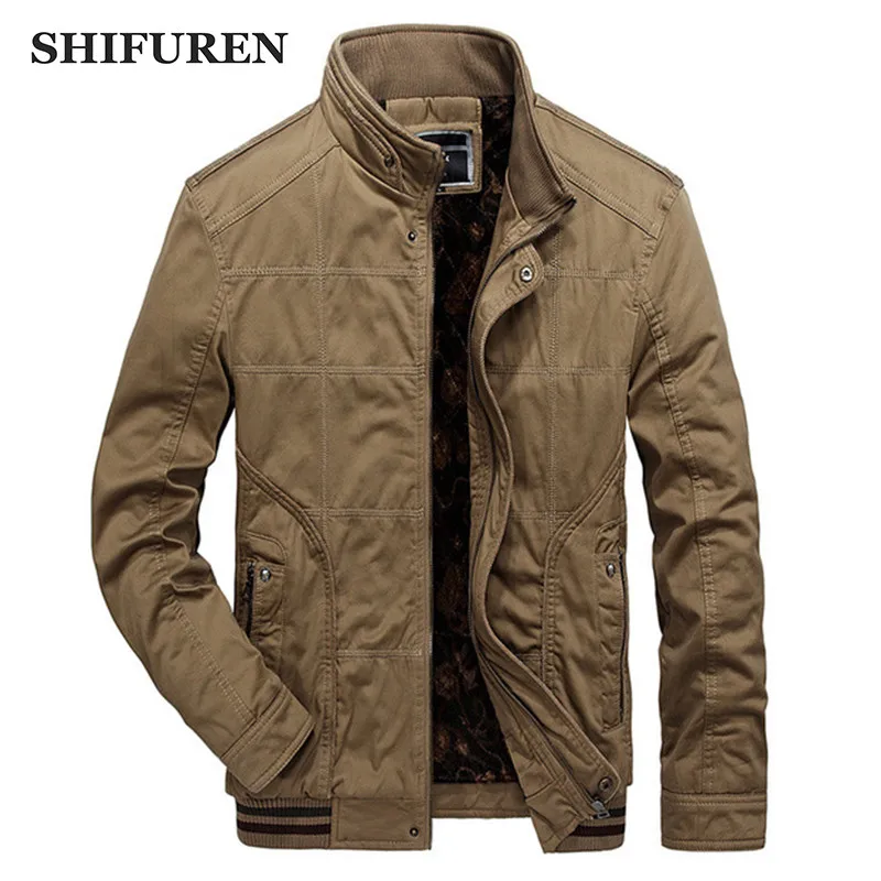 SHIFUREN Winter Jacket Men Warm Fleece Lining Coat Causal Male Stand Collar Zipper Outerwear Size L-XXL