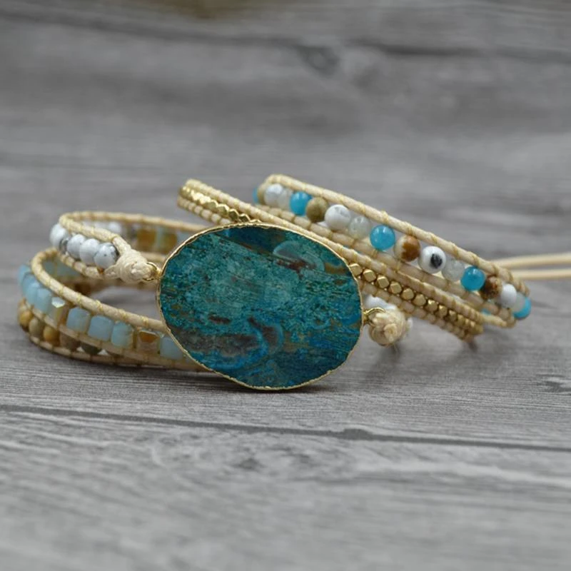 Новейший кожаный браслет украшенный бусинами огромный камень океана шикарное