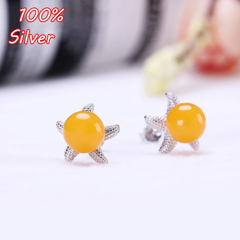 

100% 925 Sterling Silver Color Starfish Earrings Blank Inlaid 6MM-9MM Beeswax Amber Earrings for Women Fine Jewelry Setting
