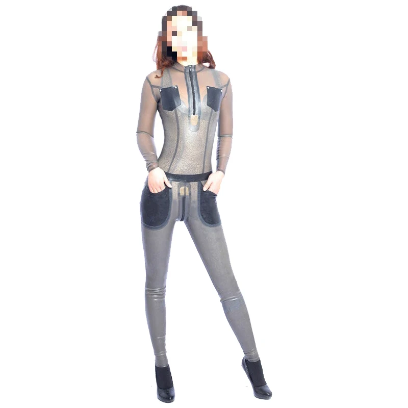 

Latex Rubber Women Catsuit Full-body Bodysuit Tights Transparent Black And Black Size XXS~XXL
