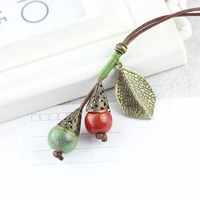 long pendant necklace for women leaf pendants autumn leaves necklaces ceramic beads tassel charm choker sweater chain jewelry