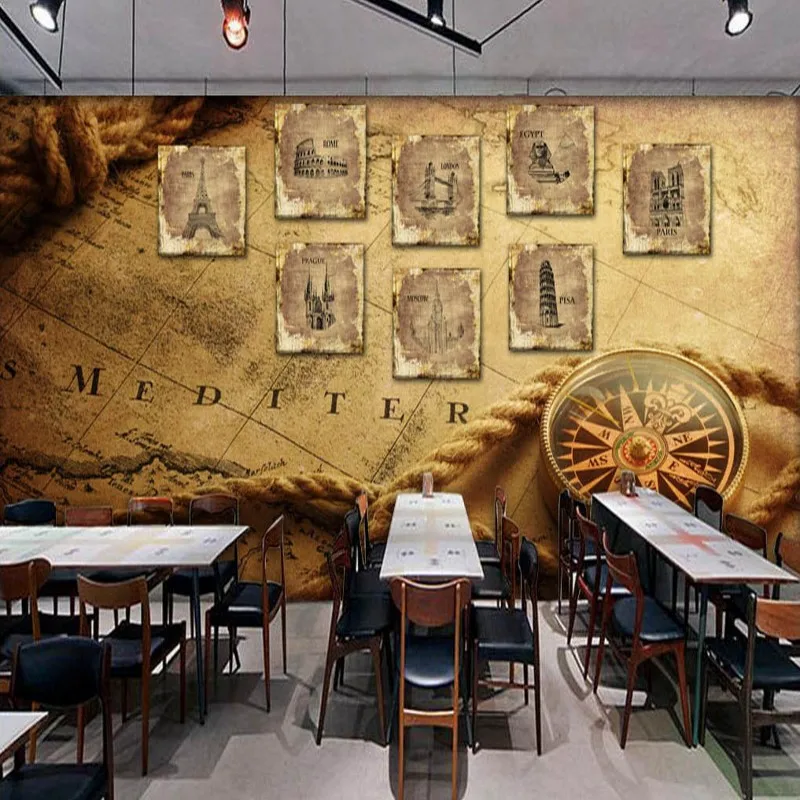 Фотообои в стиле ретро с картой парижской башней баром кофейней фотообои