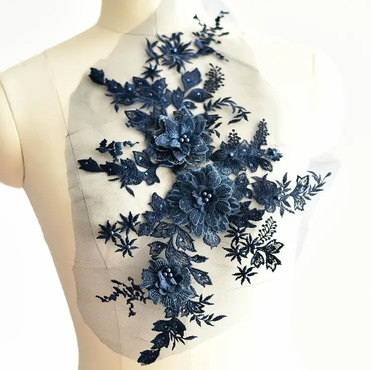 navy blue 1 шт 40*25 см Розовый Фиолетовый Элегантный 3D цветок вышивка жемчуг бисером кружева аппликация с кружевной отделкой платье Ткань Материал DIY ремесло - Цвет: navy blue