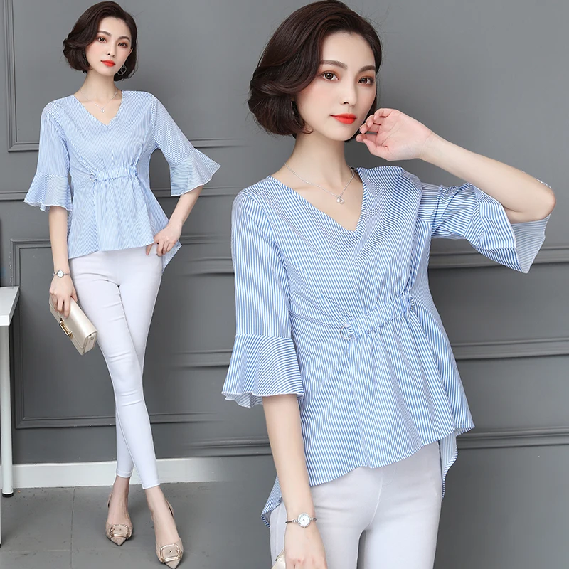 4xl plus big size blusas feminina 2018 korean spring summer style autumn women Stripe chiffon new thin shirts female A4878 | Женская