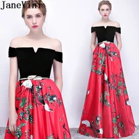 janevini red floral evening dresses party gowns with pockets 2019 off shoulder long print ladies a line satin formal dress sash