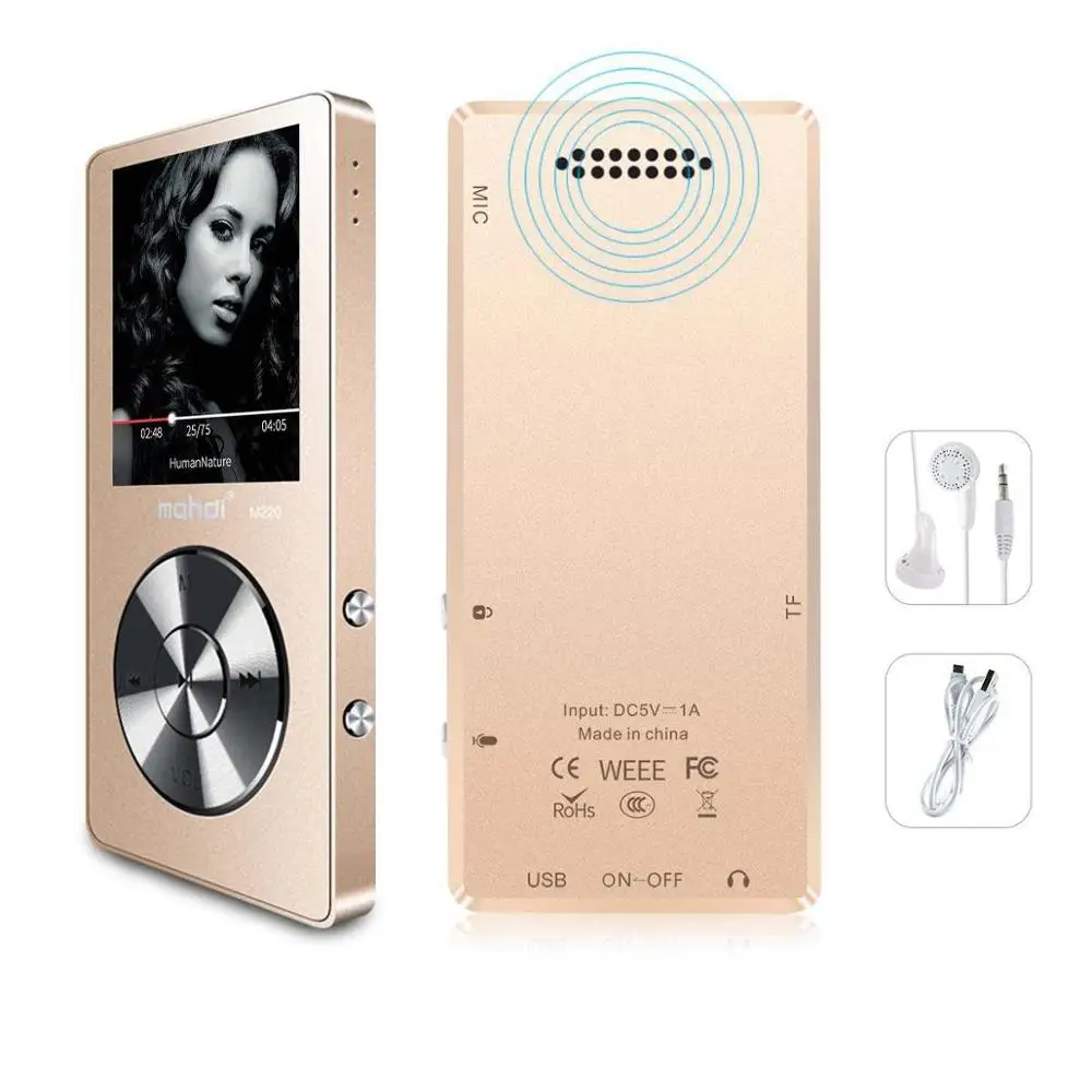 Золотой Mahdi M220 металлический MP3-плеер Портативный цифровой аудио плеер с экраном 1,8 дюймов FM Электронная книга часы данные музыкальный плеер динамик TF карта - Цвет: Золотой
