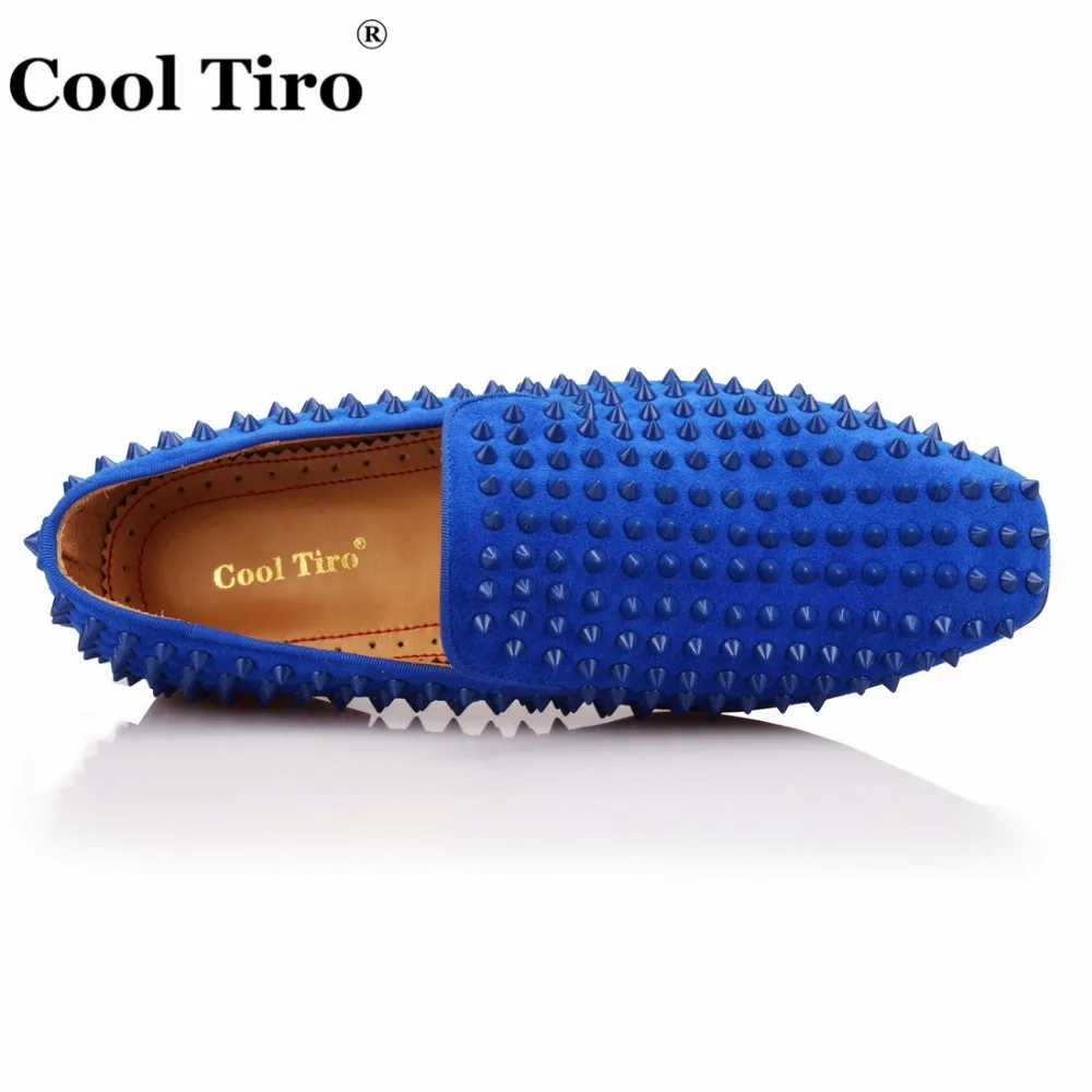Крутые мужские лоферы TIRO с шипами и заклепками синие замшевые модельные туфли