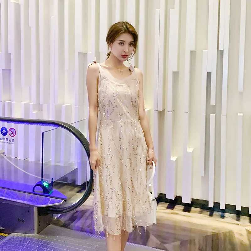Beige Sling Dress Новое поступление, женский комбинезон с v-образным вырезом, высокой талией, расшитый блестками, с сеткой, в стиле пэчворк, блестящий, с коротким рукавом, в стиле ретро, элегантный, с широкими штанинами, S96102F - Цвет: Beige Sling Dress