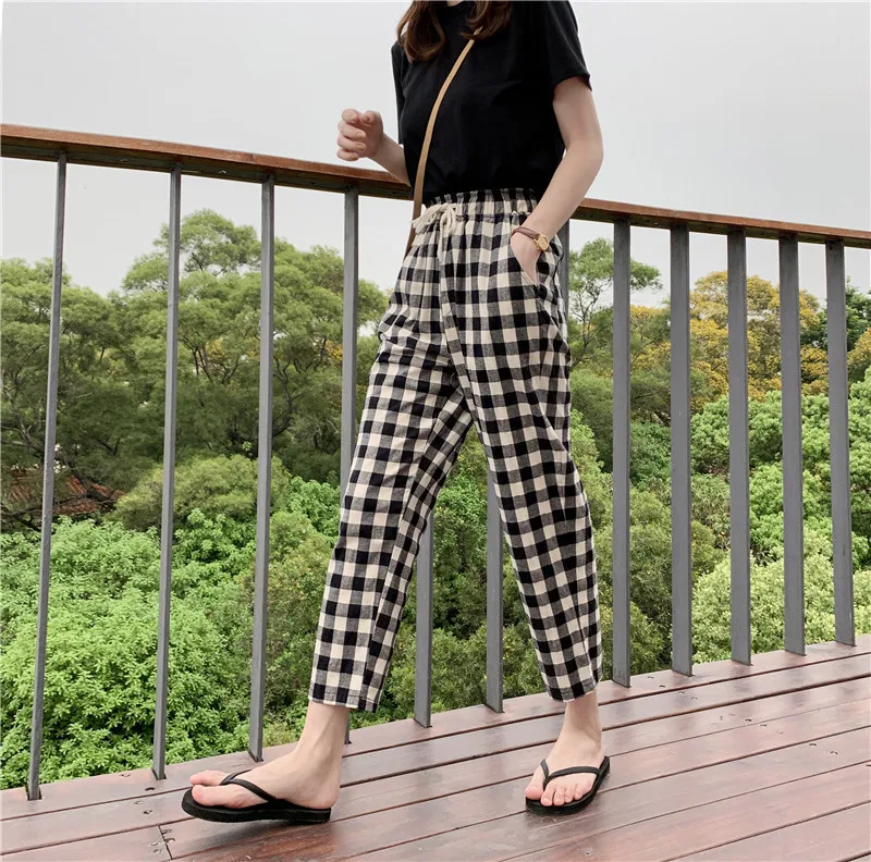 

UNLION Women Ankle Length Pants High Waist Stripe Harem Leg