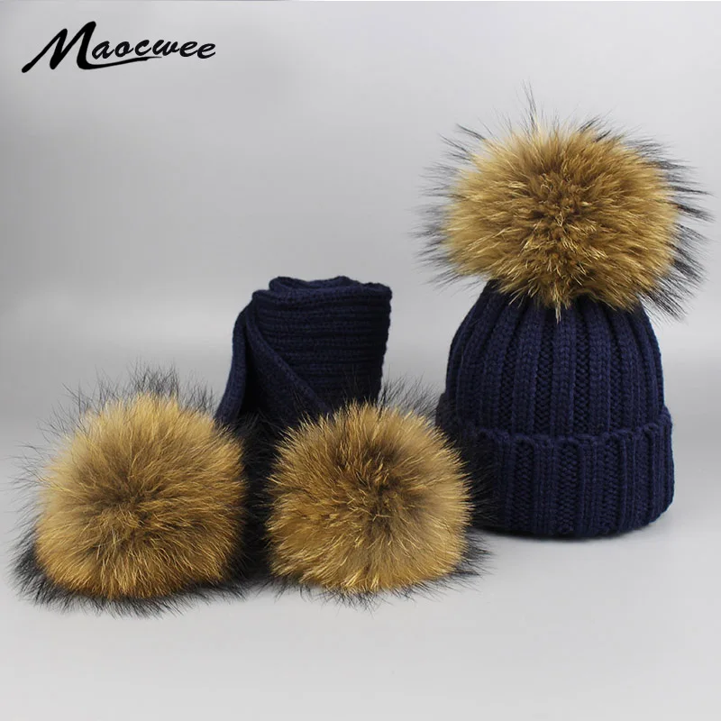 

Pompom Hat for Girl Beanie for Warm Knitted Bobble Fur Pompom Hat Scarf Set with Nature Raccoon Fur Pompons Luxury Boy Beanies