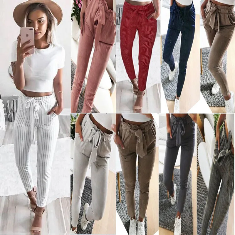 Модные повседневные женские брюки с высокой талией, женские полосатые брюки, размер 6-14