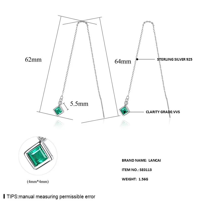 LANCAI Fashion Manual 925 Sterling Silver Earrings Genuine Square Emerald Drop for Women Fine Jewelry Lovers Gift | Украшения и