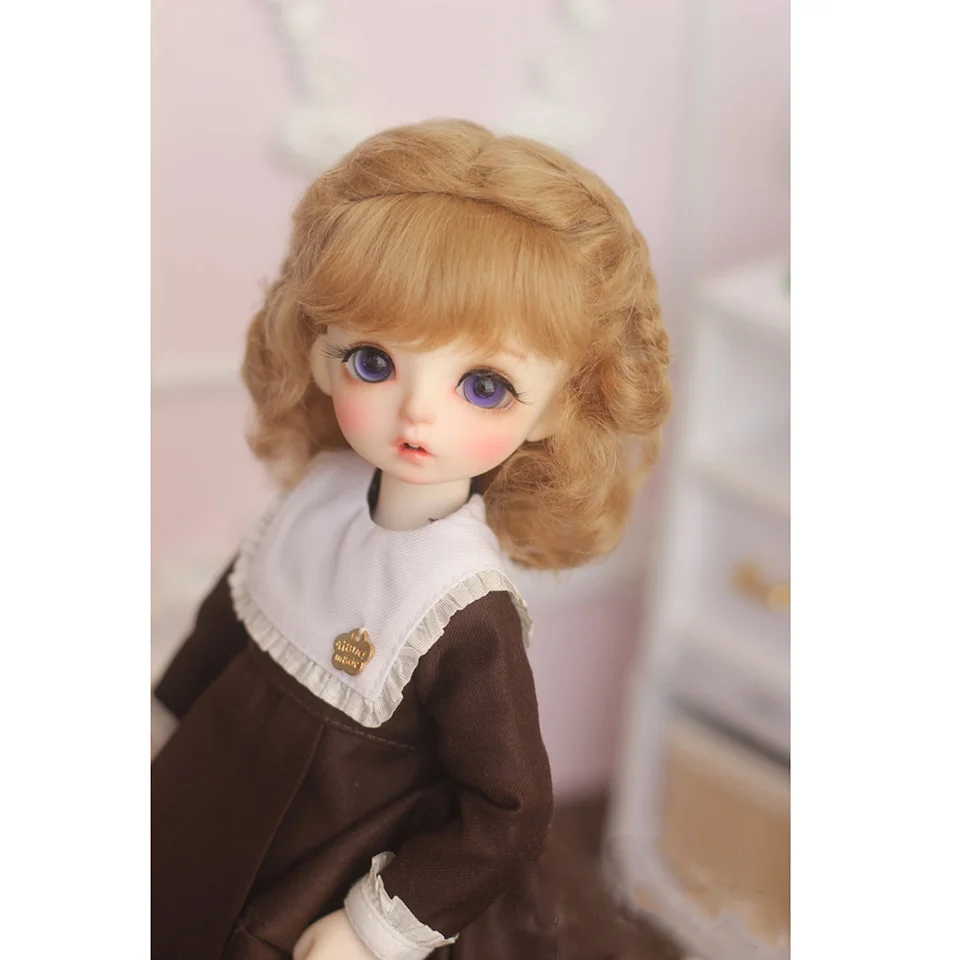 Bybrana bjd 1/3 1/4 1/6 1/8 мохер принцессы двойная оплетка короткие кудрявые волосы, розовые, желтые, морковь светильник коричневый пользовательские кукольный парик - Цвет: 2