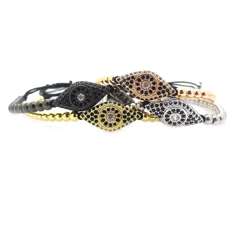 Fashion Black Gun Men Bracelet Pave Setting CZ Evil Eye Connector Beads &amp 4mm Round Bead Braided Macrame | Украшения и
