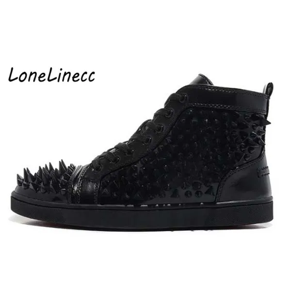 

Lonelinecc Black/White Leather Rivet Men Shoe High-Top Fashion Spike Sneakers Shoes Outdoors Flats Casuals Shoes Chaussure Homme