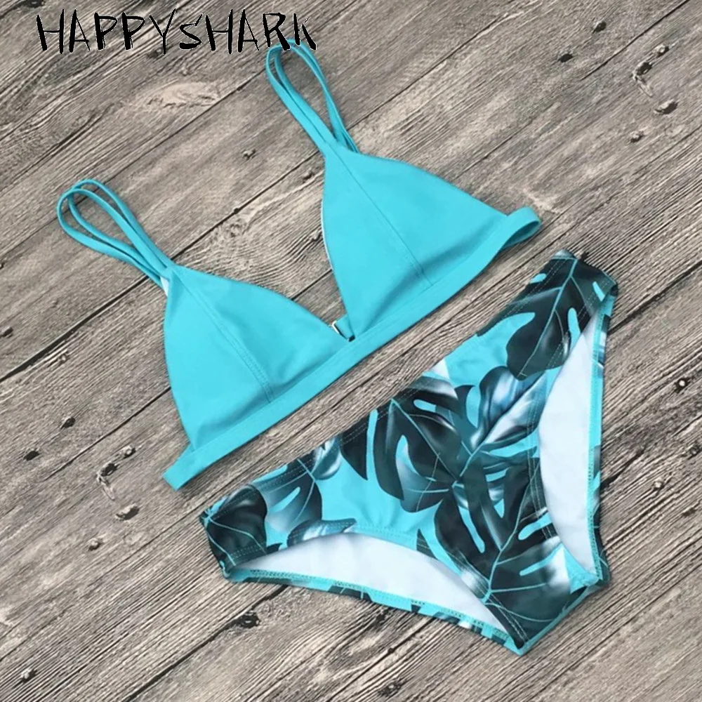 HAPPYSHARK 2018 Women Bikinis Set Palm Leaves Printed Bottom Swimwear Brazilian Biquinis Solid Top 2 Pcs Swimsuit Red Blue Orang |