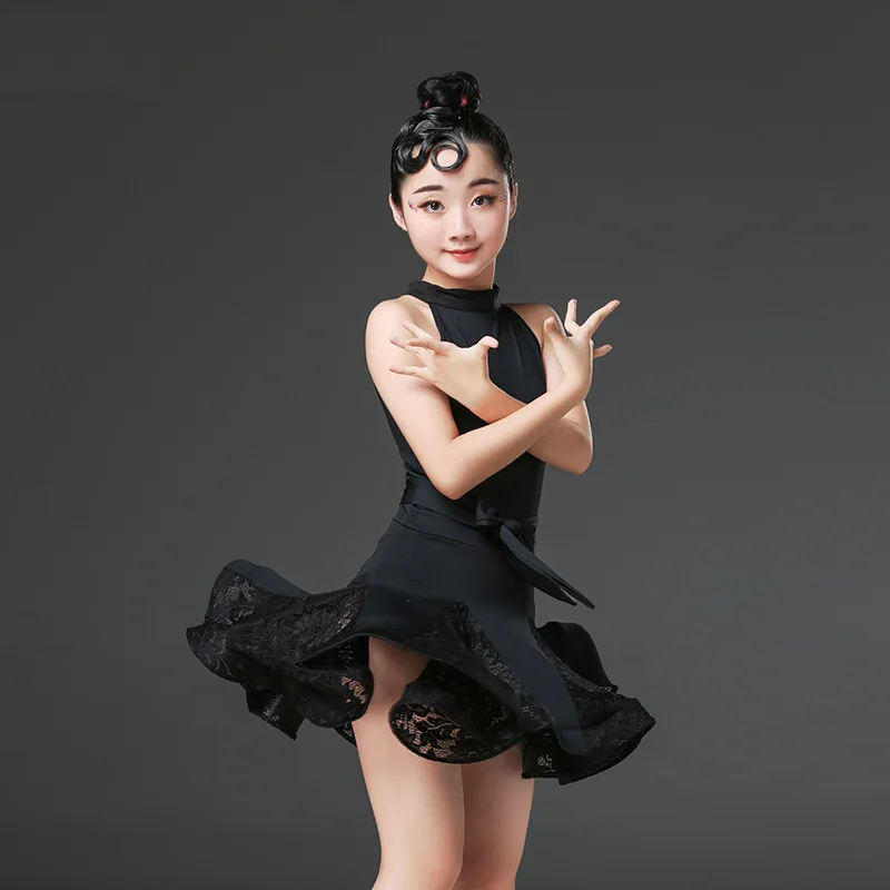 2019 New Children'S Latin Dance Dress For Girls Sexy Lace Black Green Sleeveless Ballroom Performance Dancing Dresses DL3604 |